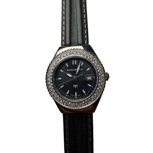 TechnoMarine Swiss Made Women's Black Dial Crystal Bezel Date Leather Watch‎